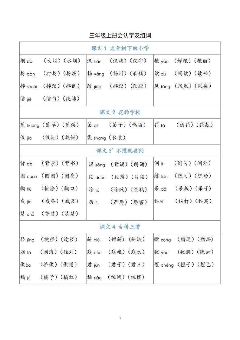 三上语文-识字表注音组词