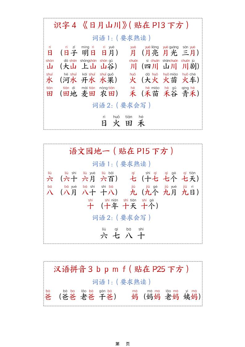 新一上语文生字组词课课贴15页插图1