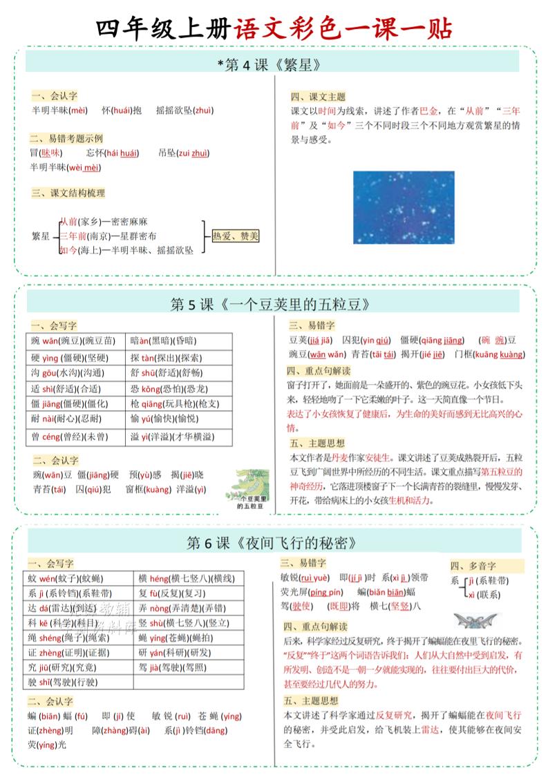 四年级上语文彩色一课一贴插图1