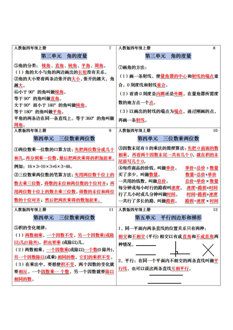 四年级上册数学课课贴插图1