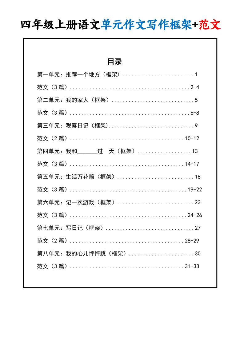 四上语文1-8单元作文写作框架+范文34页
