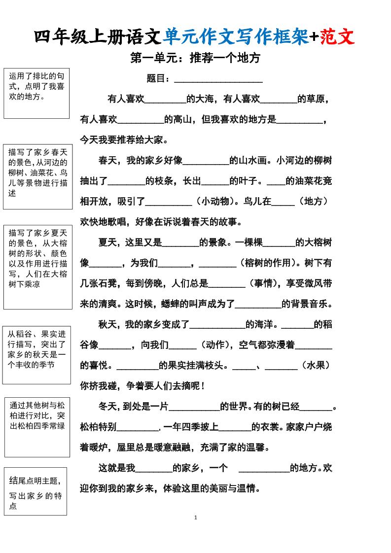 四上语文1-8单元作文写作框架+范文34页插图1