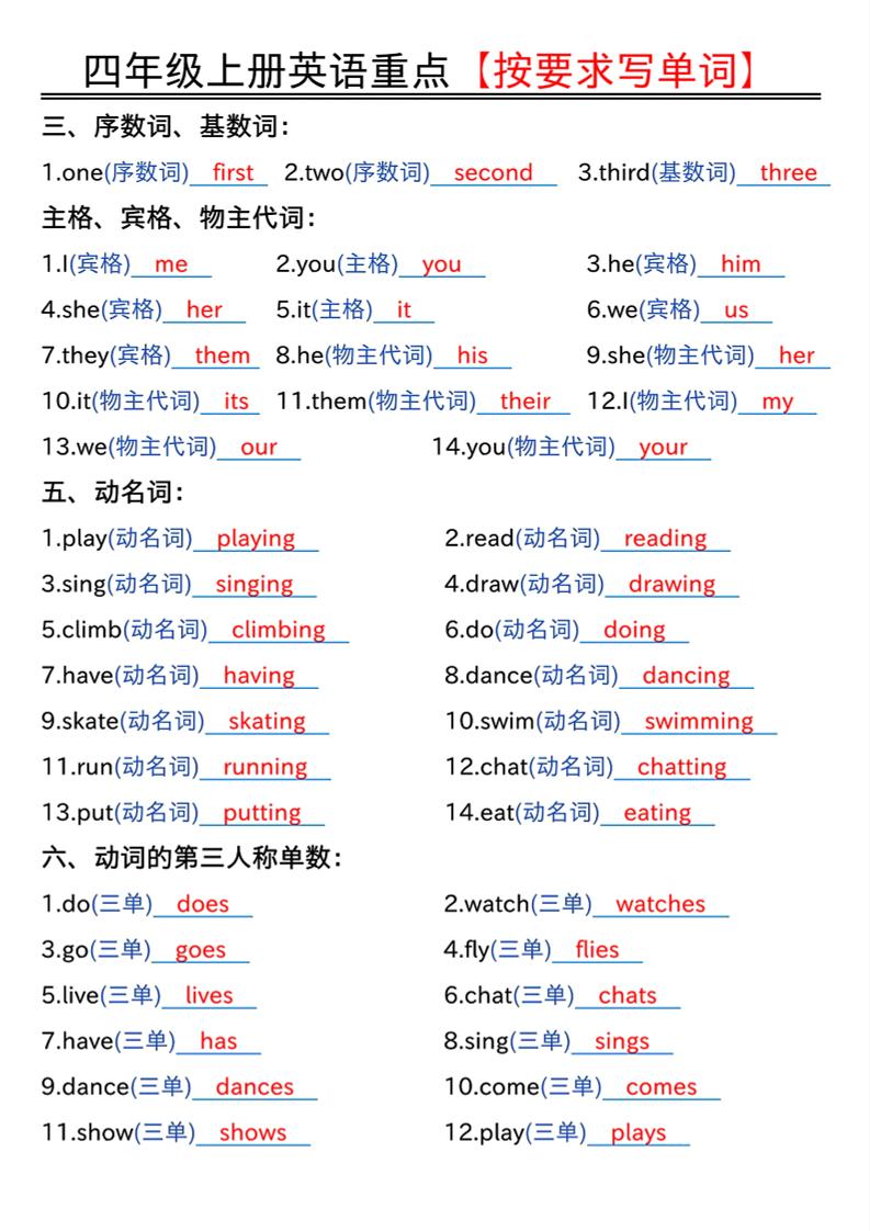 四年级上人教PEP版英语重点按要求写单词（答案）插图1