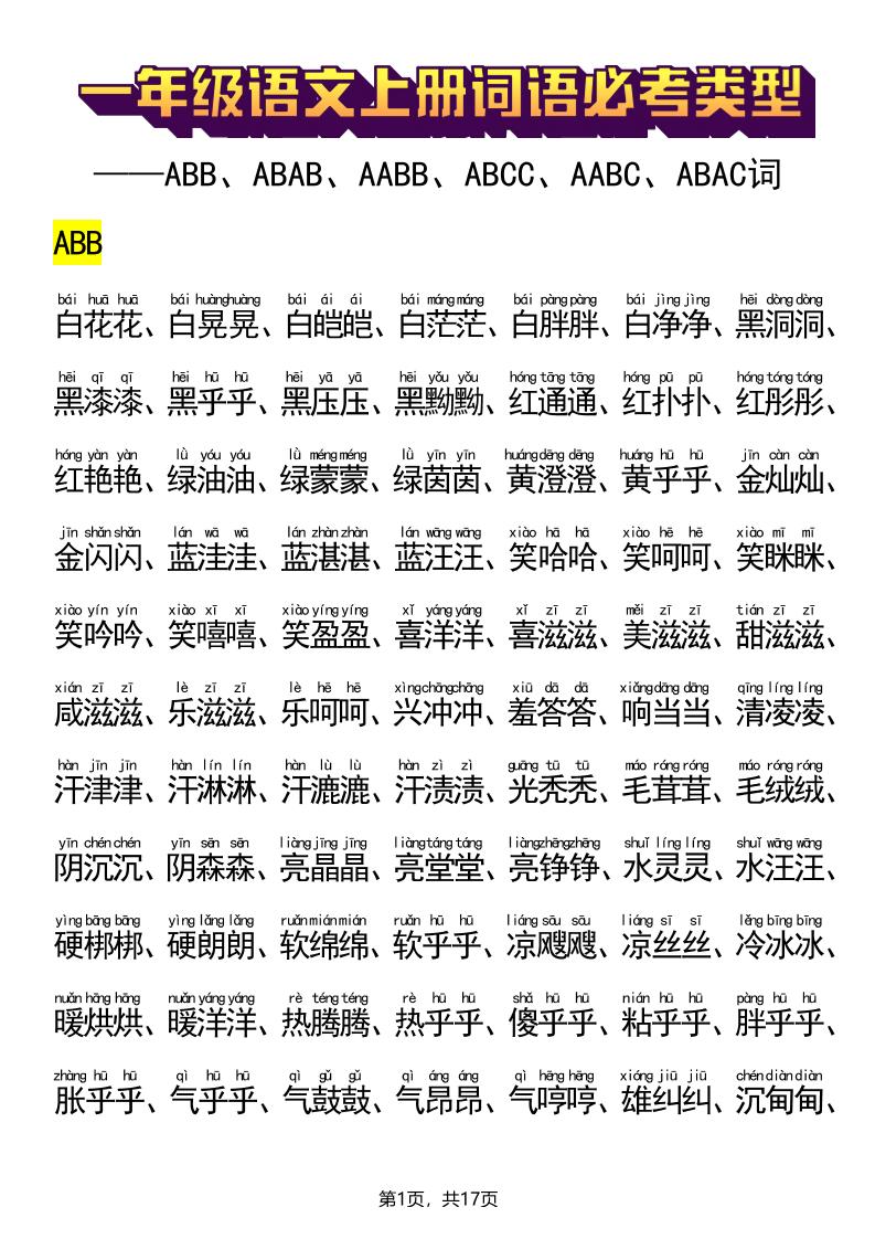 新一上语文词语必考类型(ABB、ABAB、AABB、ABCC、AABC、ABAC、ABCB类词语)17页
