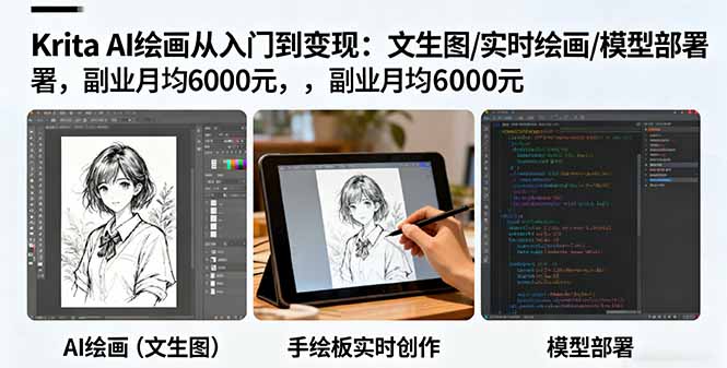 Krita AI绘画从入门到变现：文生图/实时绘画/模型部署，副业月均6000元
