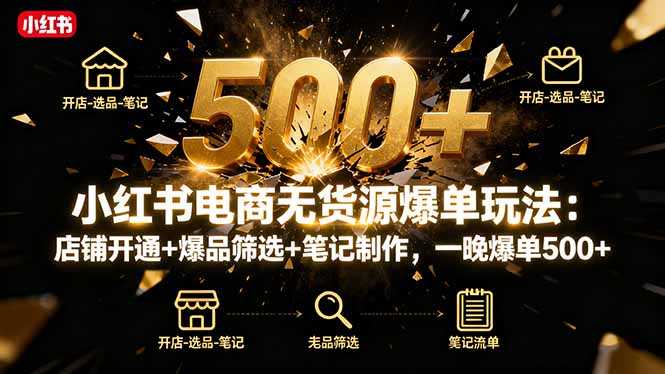 小红书电商无货源爆单玩法：店铺开通+爆品筛选+笔记制作，一晚爆单500+