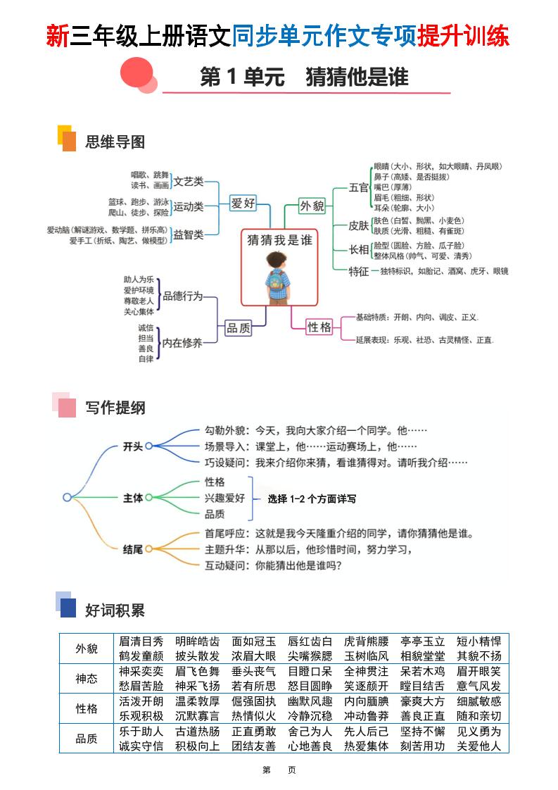 新三上语文同步单元作文专项提升训练（48页）插图1