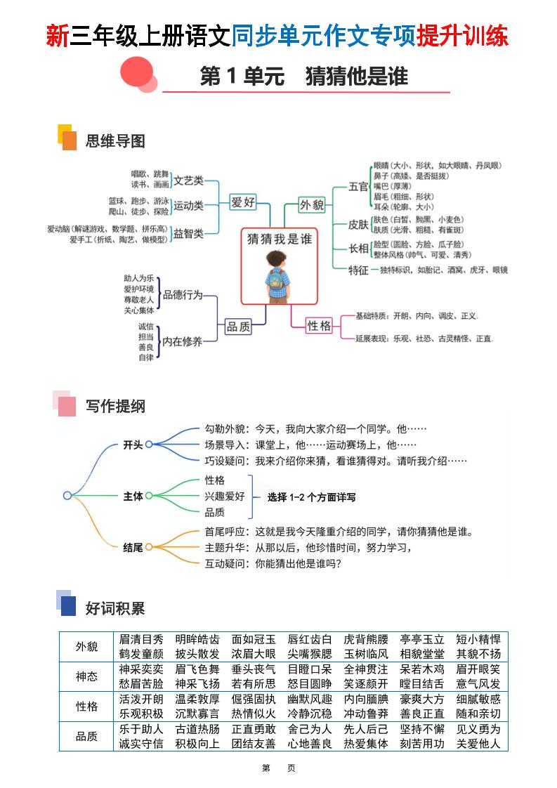 新三上语文同步单元作文专项提升训练（答案版48页）插图1