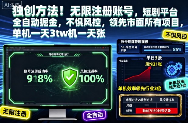 独创方法!无限注册账号,短剧平台全自动掘金,不惧风控,领先市面所有项目,单机一天3张【揭秘】插图 独创方法!无限注册账号,短剧平台全自动掘金,不惧风控,领先市面所有项目,单机一天3张【揭秘】插图