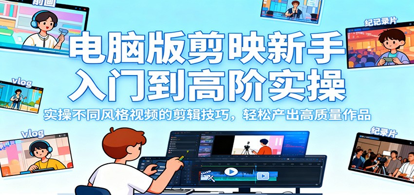 电脑版剪映新手入门到高阶实操，实操不同风格视频的剪辑技巧，轻松产出高质量作品