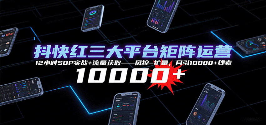 抖快红三大平台矩阵运营，12小时SOP实战+流量获取-风控-扩量，月引10000+线索