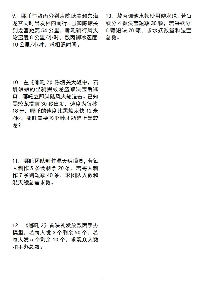 【苏教版】五下数学之《哪吒2》情景主题探究(简易方程的应用)（空白版）插图1