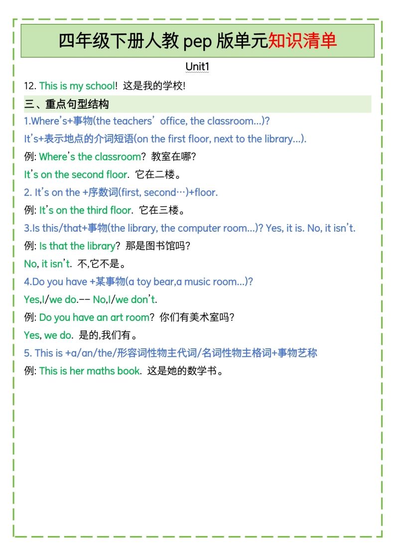 四下英语人教pep版单元知识清单插图1