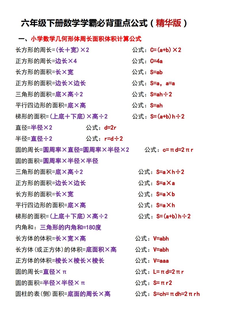 六下数学学霸必背重点公式