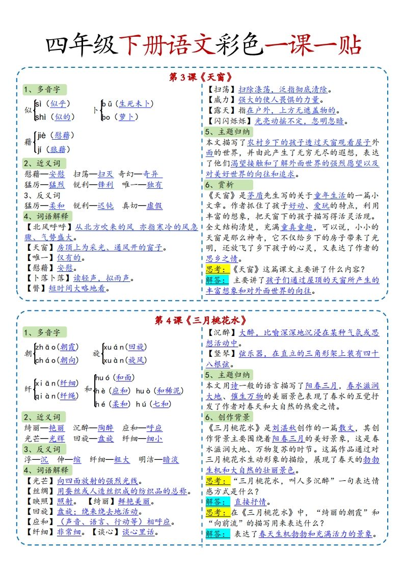 四年级下语文彩色一课一贴全插图1