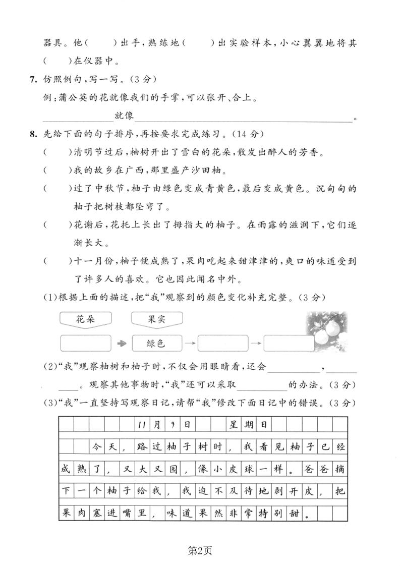 三年级上语文第五单元拔尖测试卷1插图1