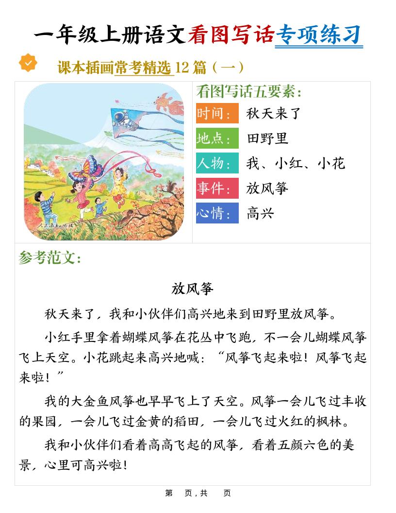 新一上语文看图写话专项练习常考精选12篇（含范文24页）