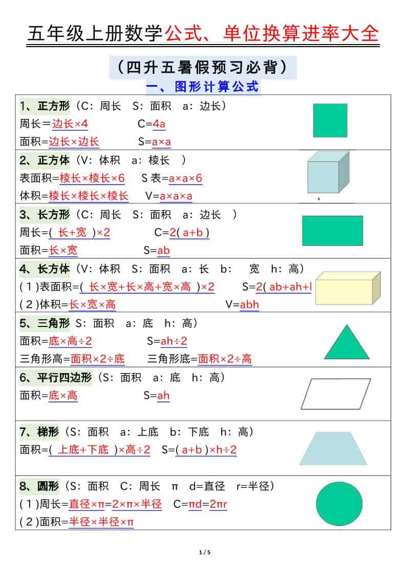 五年级上数学公式、单位换算进率大全