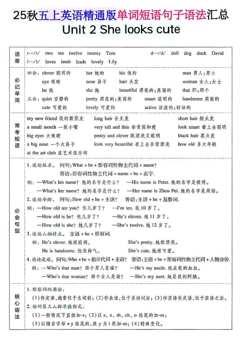 五年级上上英语单词短语句子语法汇总人教精通版插图1