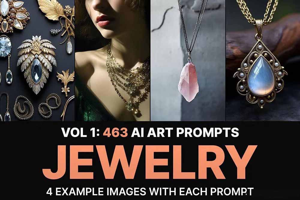 460+专业Midjourney珠宝摄影AI提示词+成效果图，戒指/项链/耳环/手链/宝石/及奢侈配饰等全品类插图1