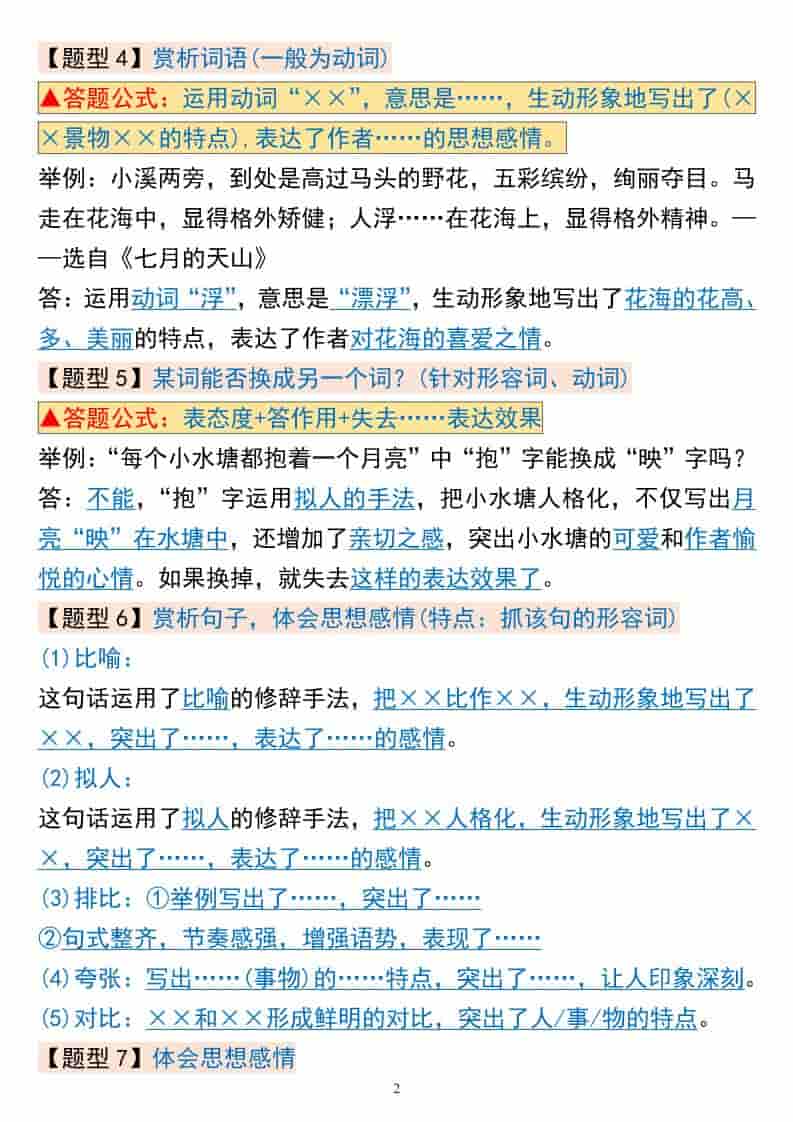 四年级下语文阅读理解常考题型+答题模板插图1